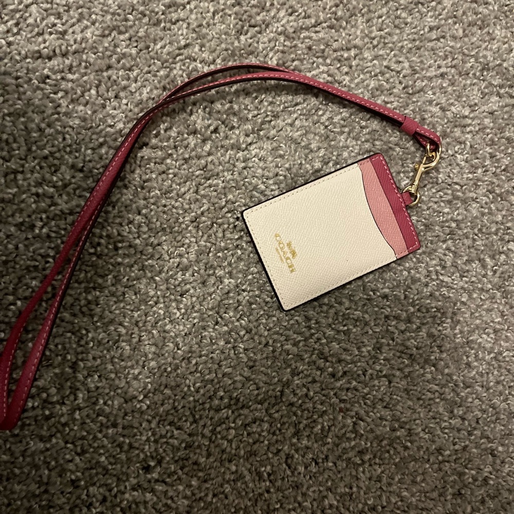 Coach Cream and Pink Leather ID Card Holder with Strap